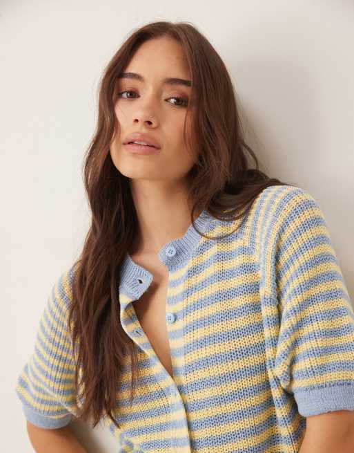 ASOS DESIGN knit cardigan with raglan sleeves in blue and yellow stripes