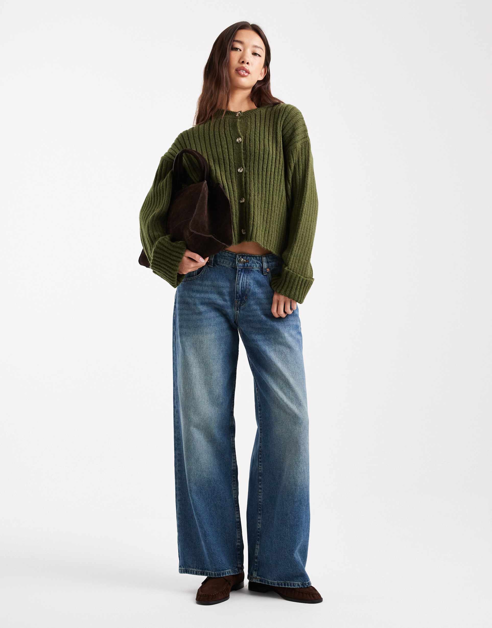 asos design knit cardigan with rolled cuffs in khaki green