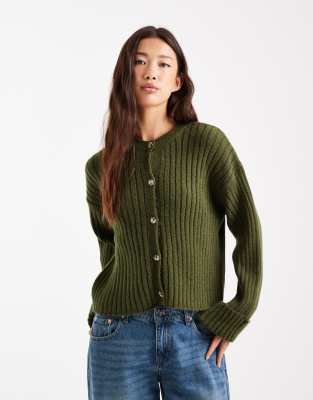 Asos Design Knit Cardigan With Rolled Cuffs In Green