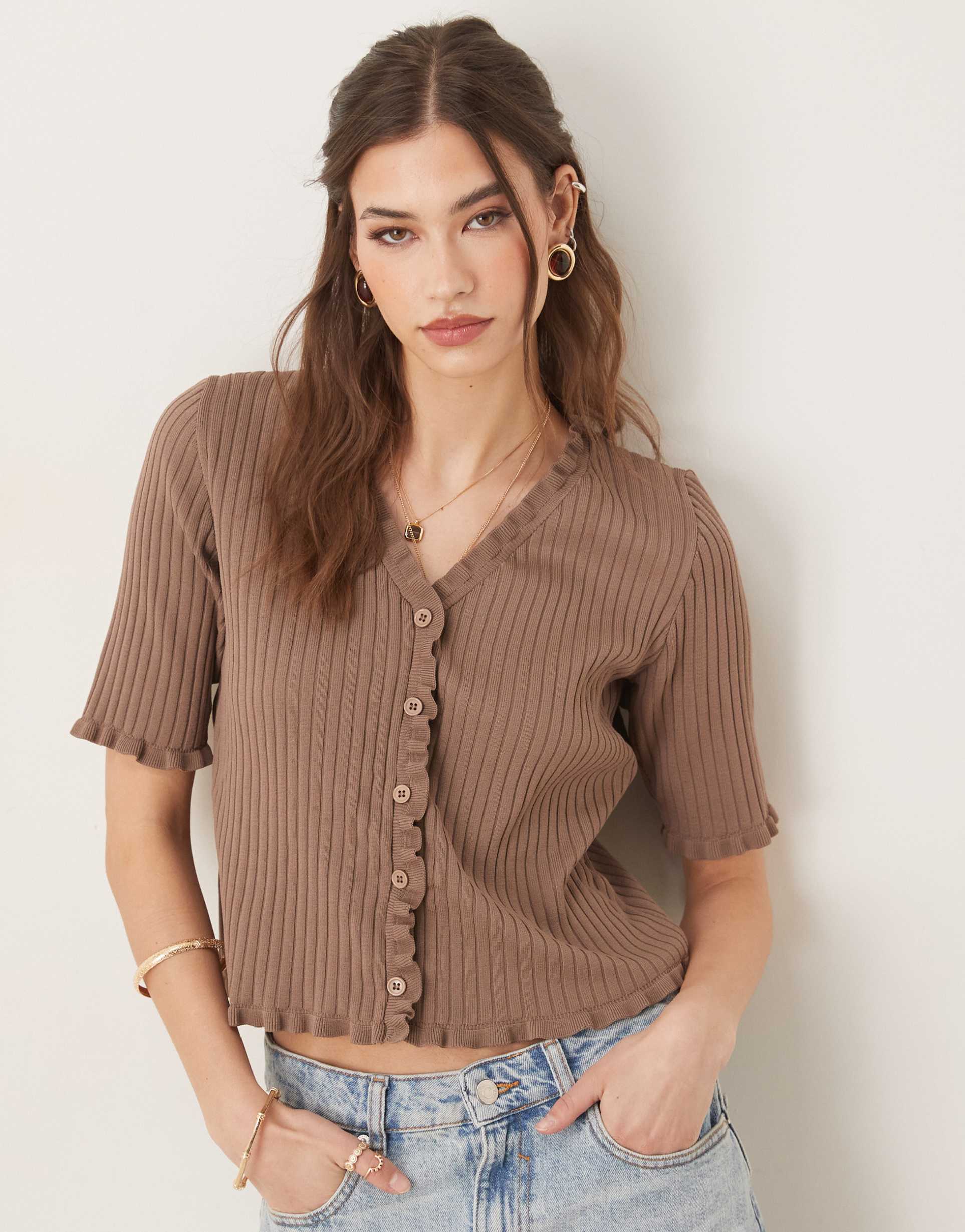 asos design knit cardigan with ruffled edge in mocha