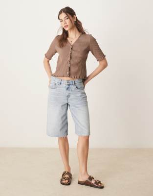 Asos Design Knit Cardigan With Ruffled Edge In Brown
