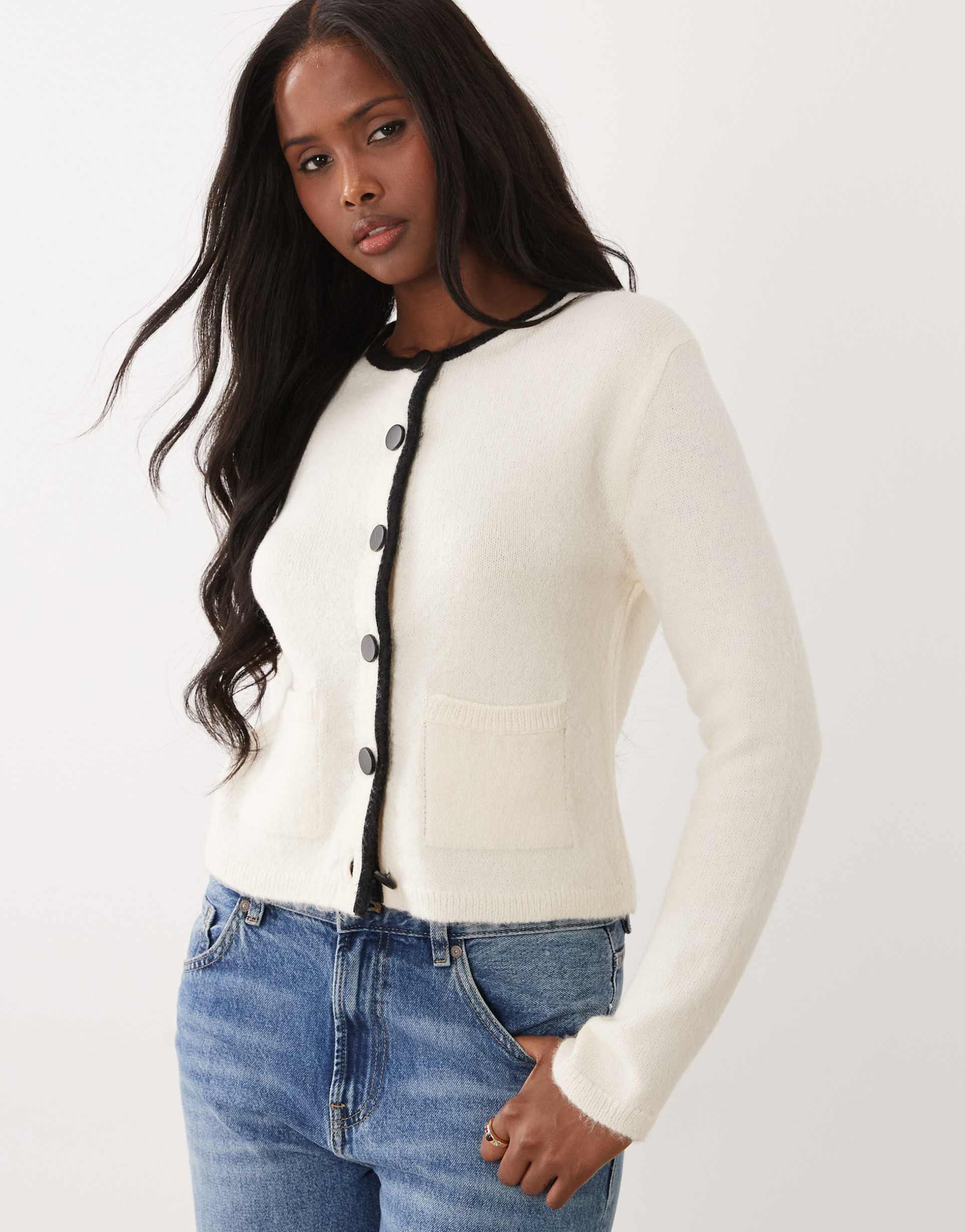 asos design knit cardigan with tipping in ecru