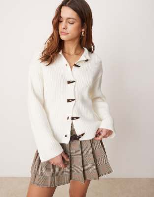 knit cardigan with toggle buttons in ecru-White