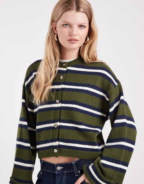 ASOS DESIGN knit cardigan with turn up cuff in khaki stripe - view 1