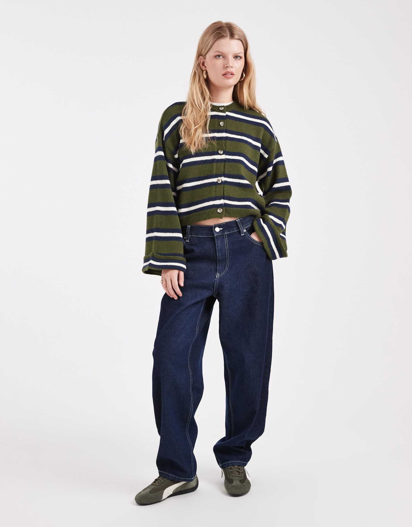 ДИЗАЙНЕРСКИЙ вязаный кардиган ASOS с отложными манжетами в полоску цвета хаки