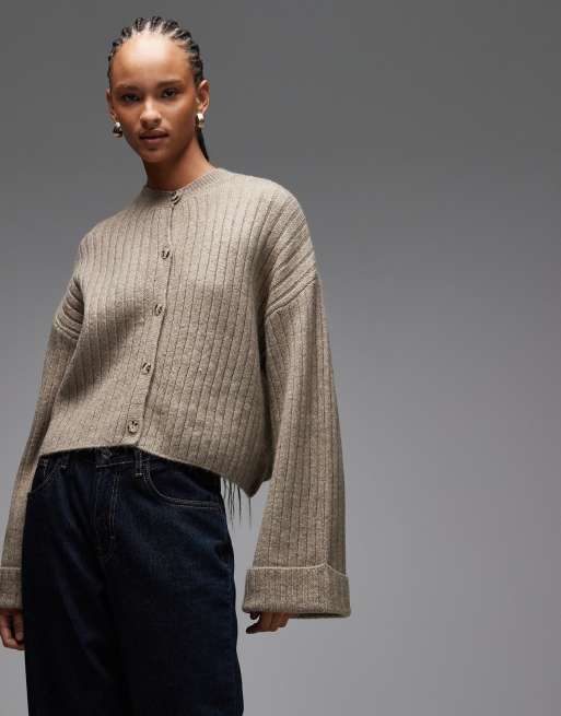 ASOS DESIGN knit cardigan with turn up cuff in mocha, 3 of 4