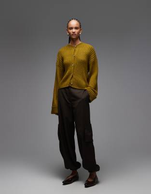 Asos Design Knit Cardigan With Turn-up Cuffs In Green