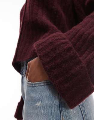 Asos Design Knit Cardigan With Turn-up Cuffs With Wool In Red