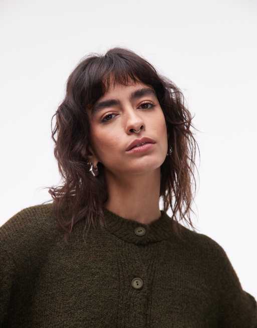 ASOS DESIGN knit cardigan with wool and exposed seams in khaki