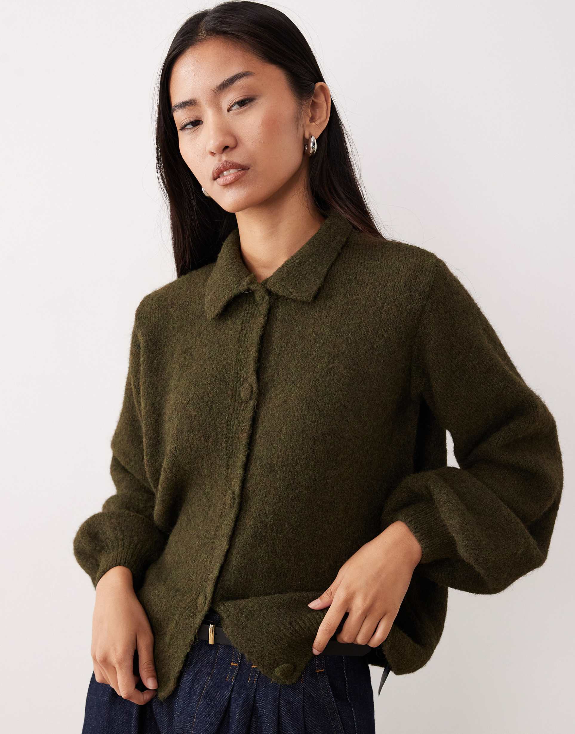 asos design knit cardigan with wool in khaki