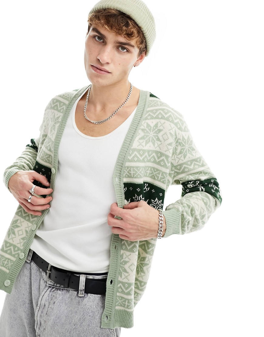 Asos Design Knit Christmas Cardigan In Green Fairisle Pattern