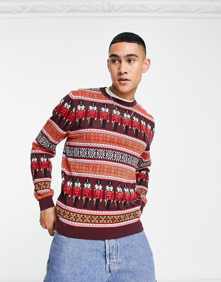 ASOS DESIGN knit Christmas sweater with Fairilse & nutcracker design-Red