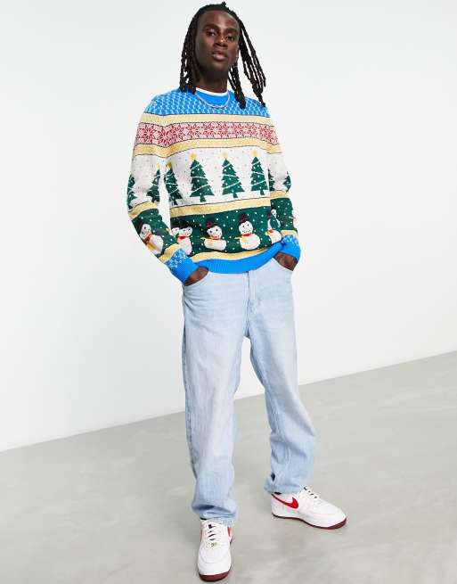 ASOS Design Knit Christmas Sweater with Robin & Dinosaur design-Multi