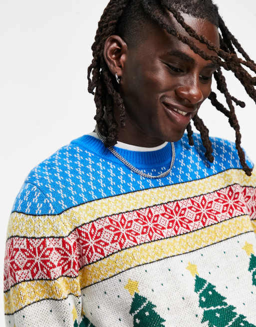 ASOS Design Knit Christmas Sweater with Robin & Dinosaur design-Multi