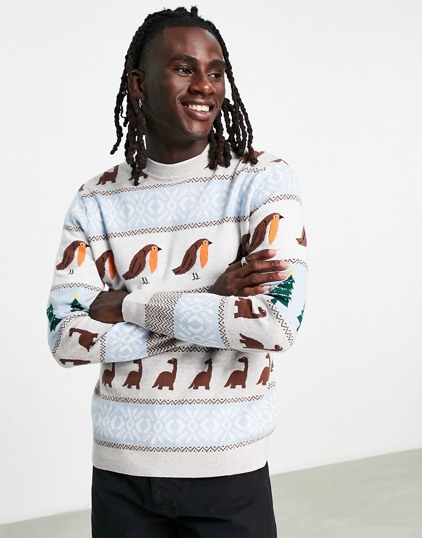 ASOS DESIGN knit Christmas sweater with robin & dinosaur design-Multi
