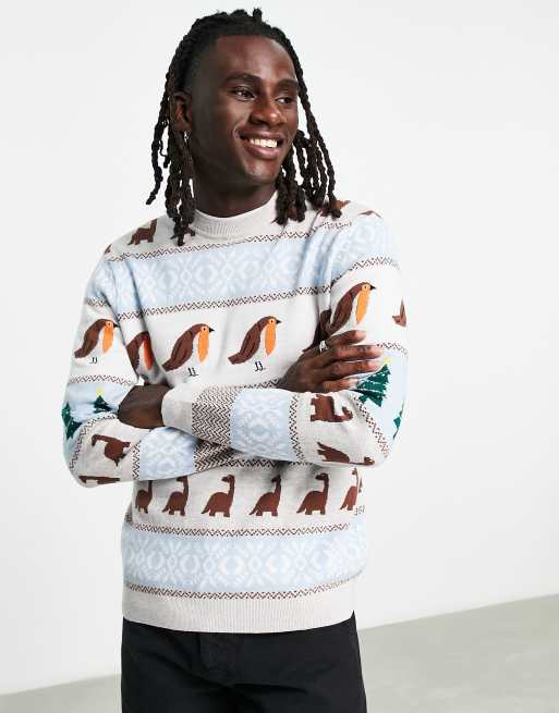 ASOS Design Knit Christmas Sweater with Robin & Dinosaur design-Multi