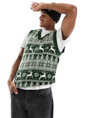 knit Christmas tank in green fairisle pattern