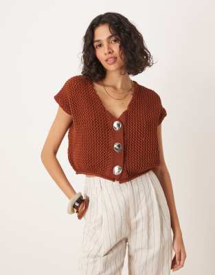 ASOS DESIGN knit chunky stitch v neck tank with gold buttons in brown