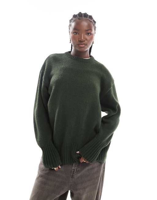 ASOS DESIGN knit chunky sweater in dark green, 2 of 4