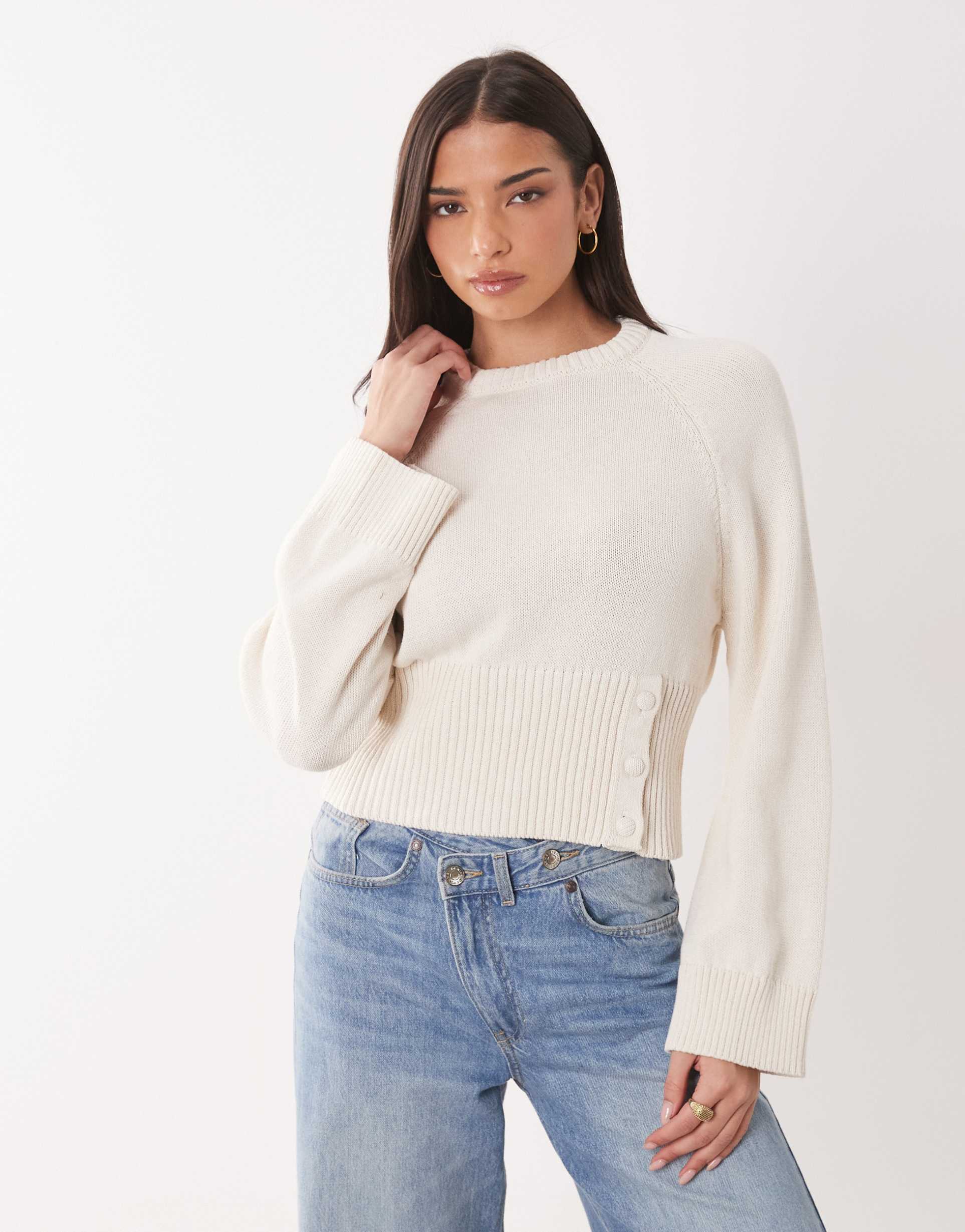 asos design knit cinched button up sweater in ecru