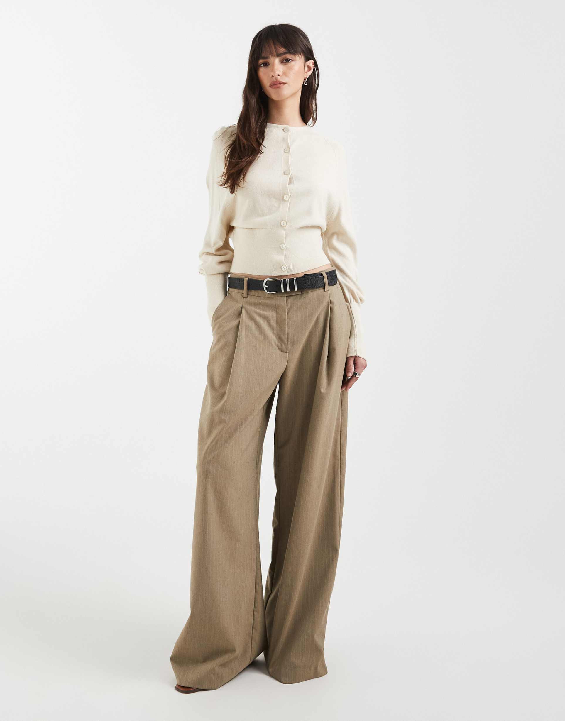 asos design knit cinched cardigan with balloon sleeves in ecru