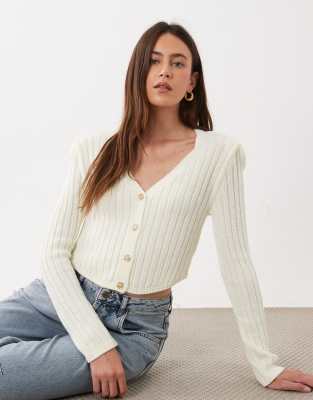 Asos Design Knit Cinched Cardigan With Gold Buttons In White