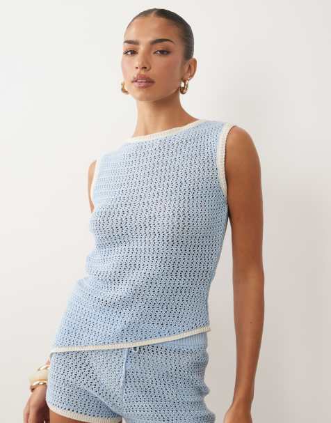 ASOS DESIGN knit cinched crochet asymmetric top in blue - part of a set - view 1