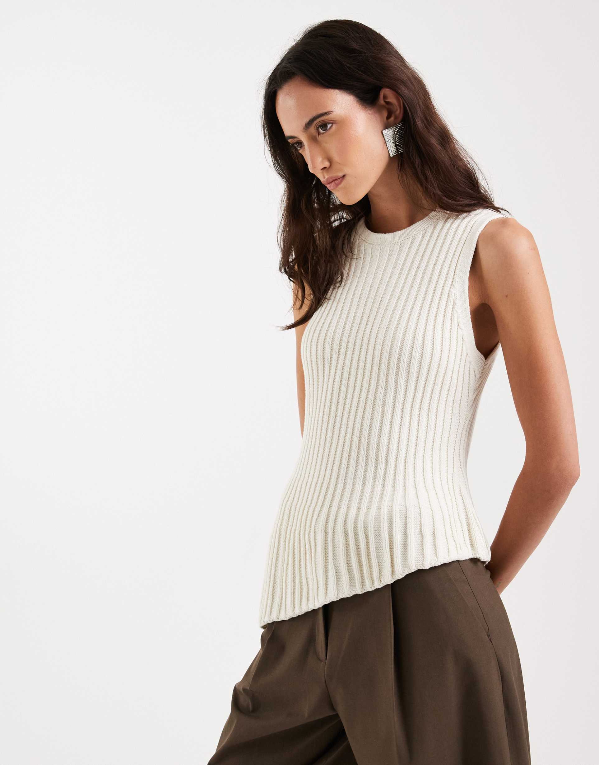 asos design knit cinched pleated asymmetric top in ecru