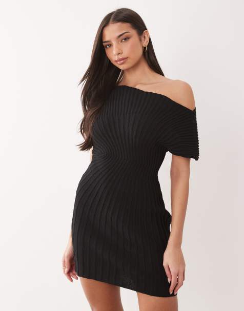 ASOS DESIGN knit cinched pleated mini dress in black - view 1