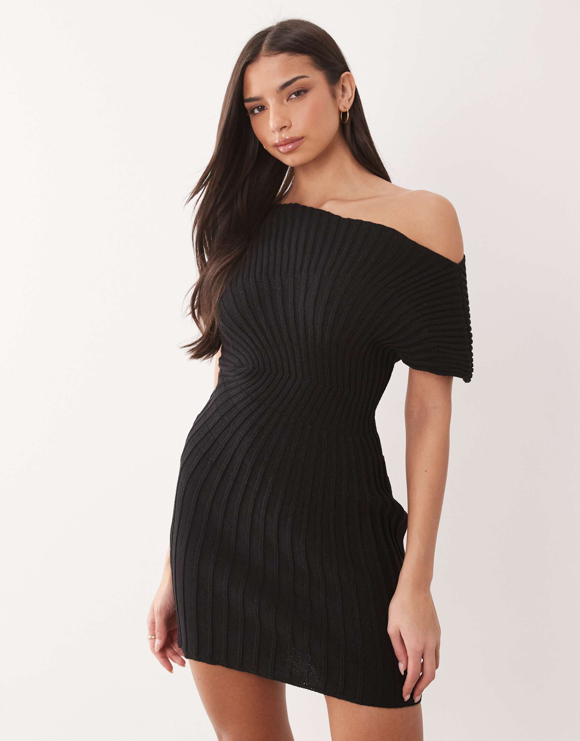 asos design knit cinched pleated mini dress in black