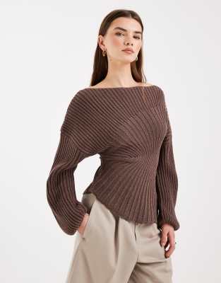 Asos Design Knit Cinched Pleated Sweater In Brown