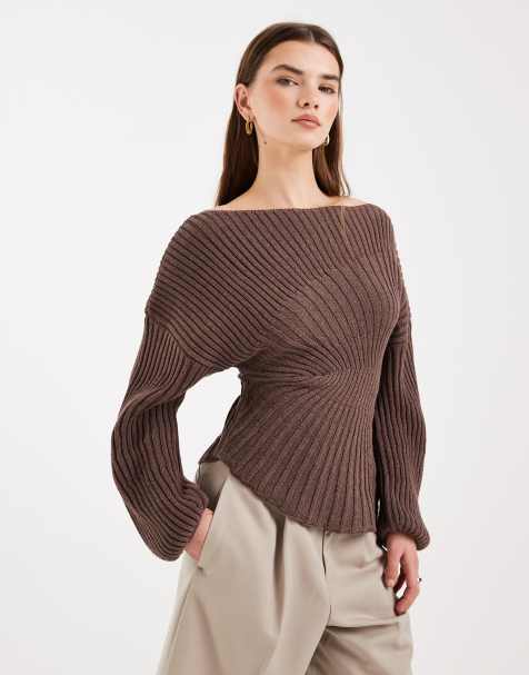 ASOS DESIGN knit cinched pleated sweater in brown - view 1