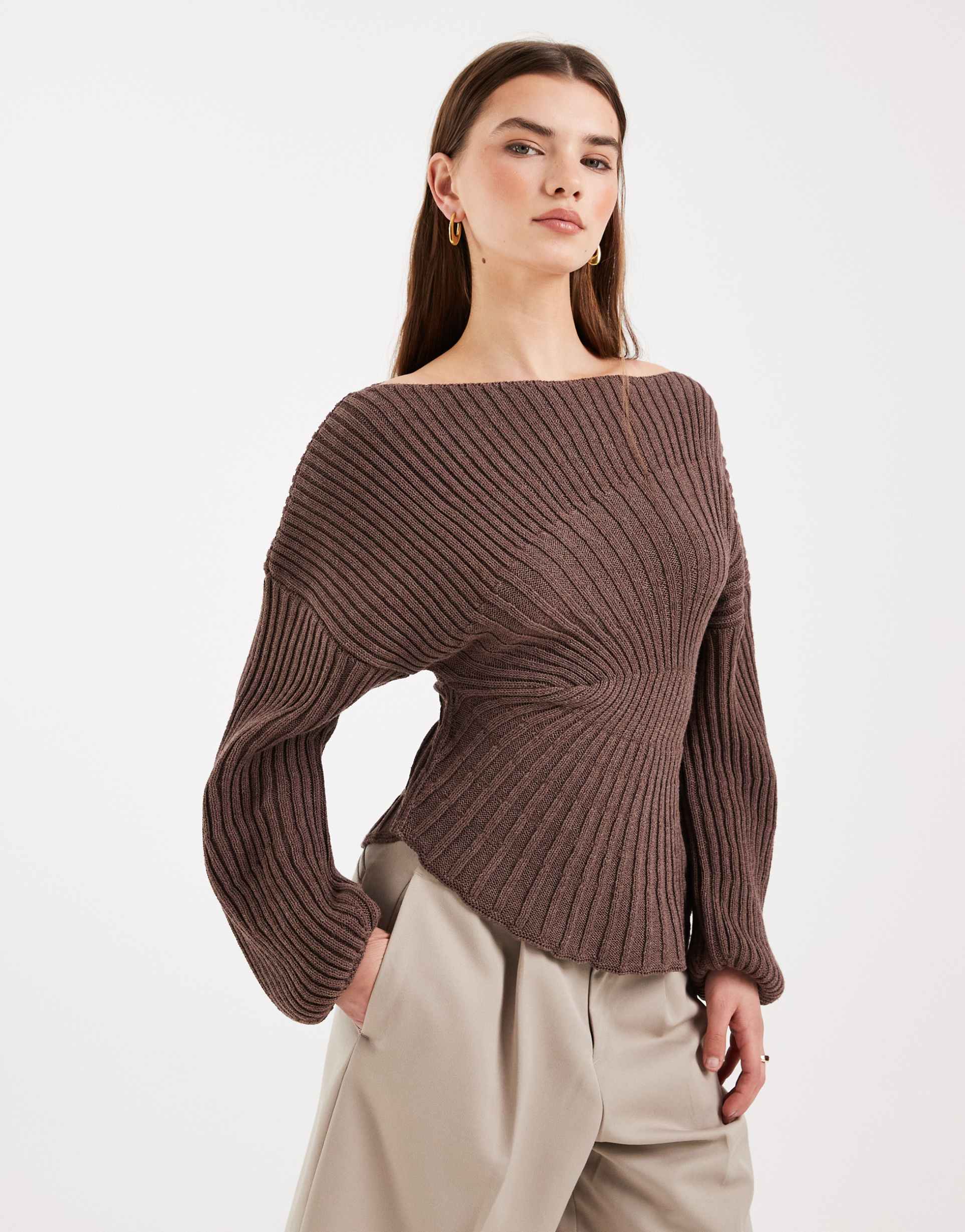 asos design knit cinched pleated sweater in brown