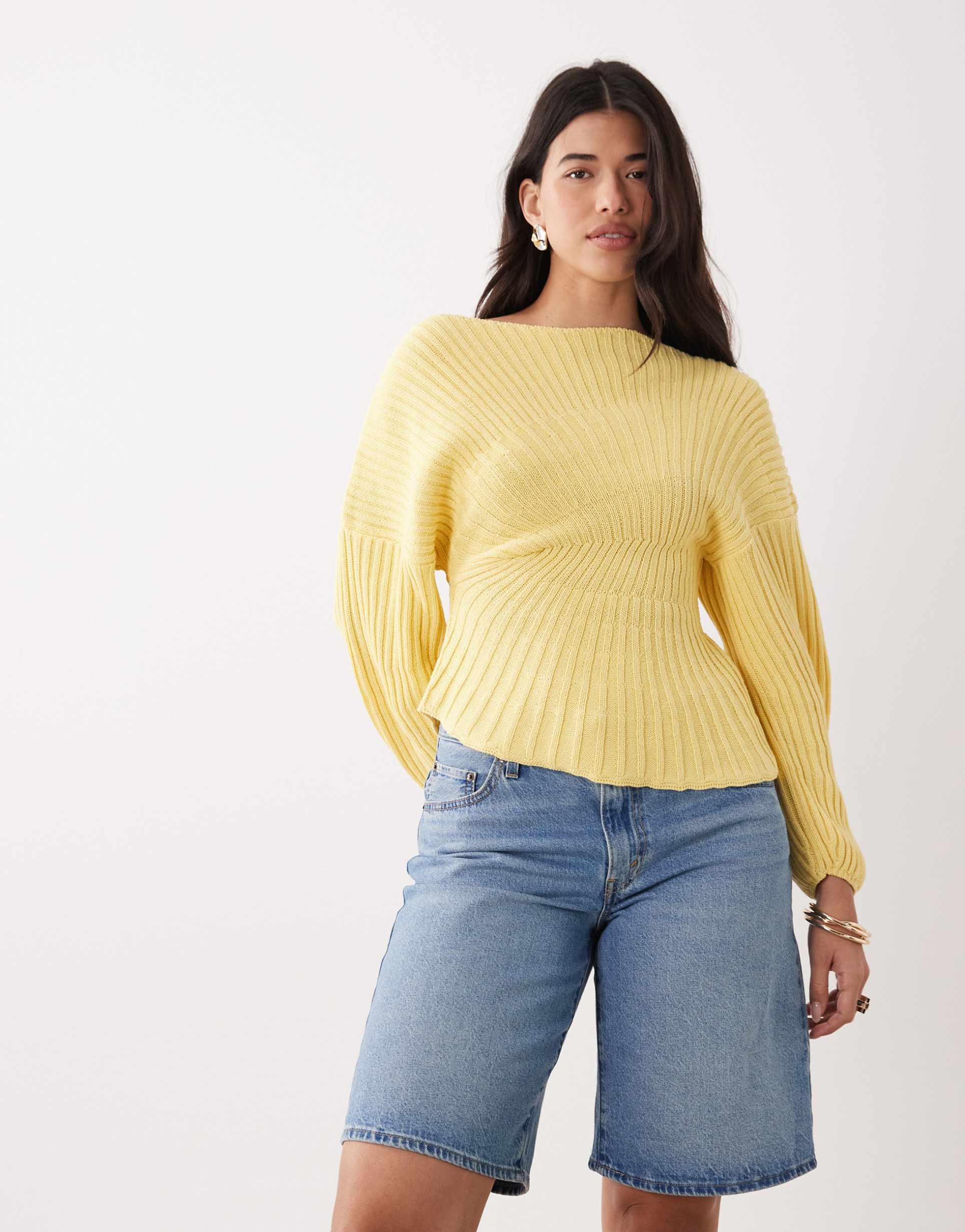 asos design knit cinched pleated sweater in buttermilk yellow