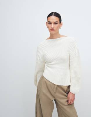 Asos Design Knit Cinched Pleated Sweater In White