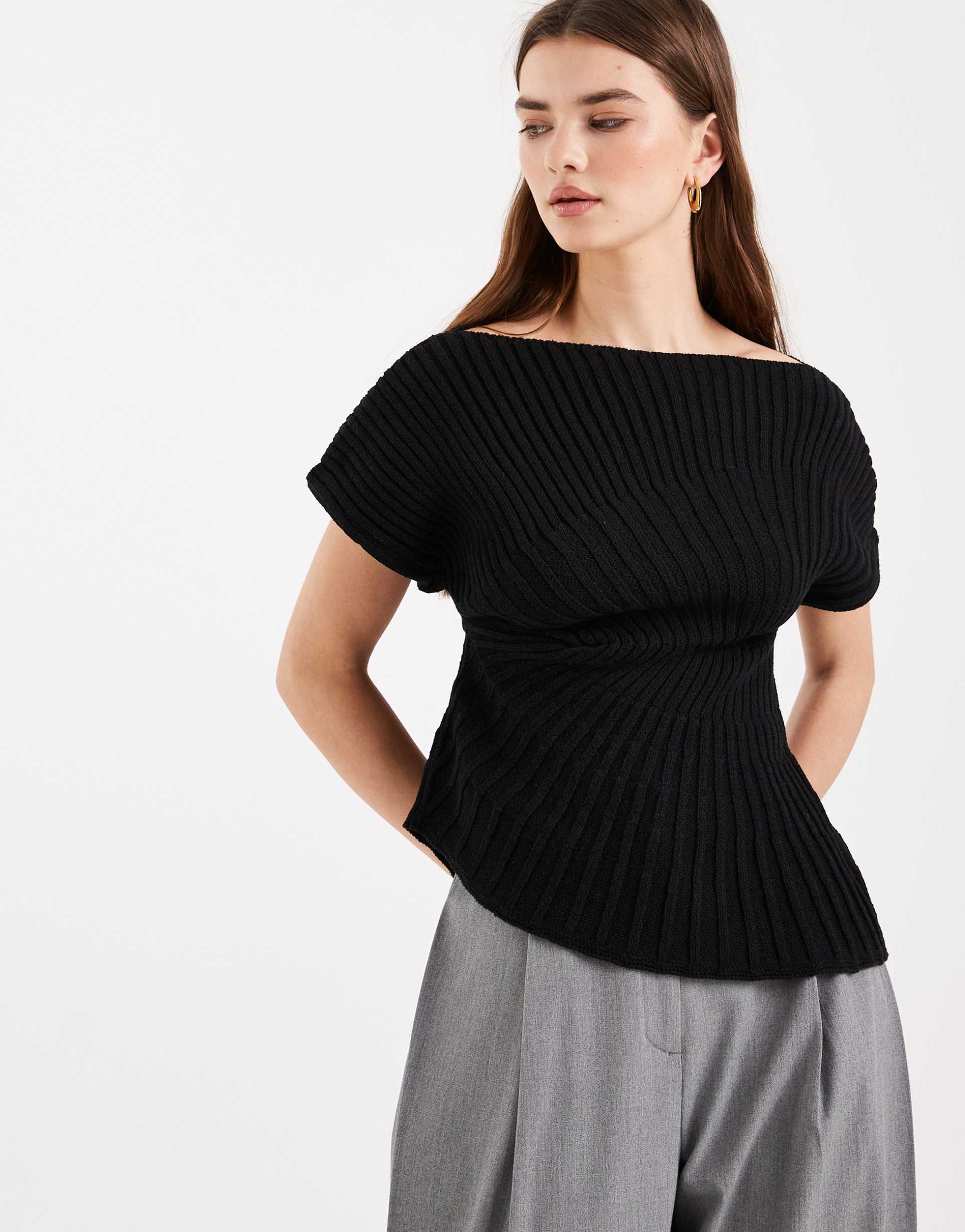 asos design knit cinched pleated top in black