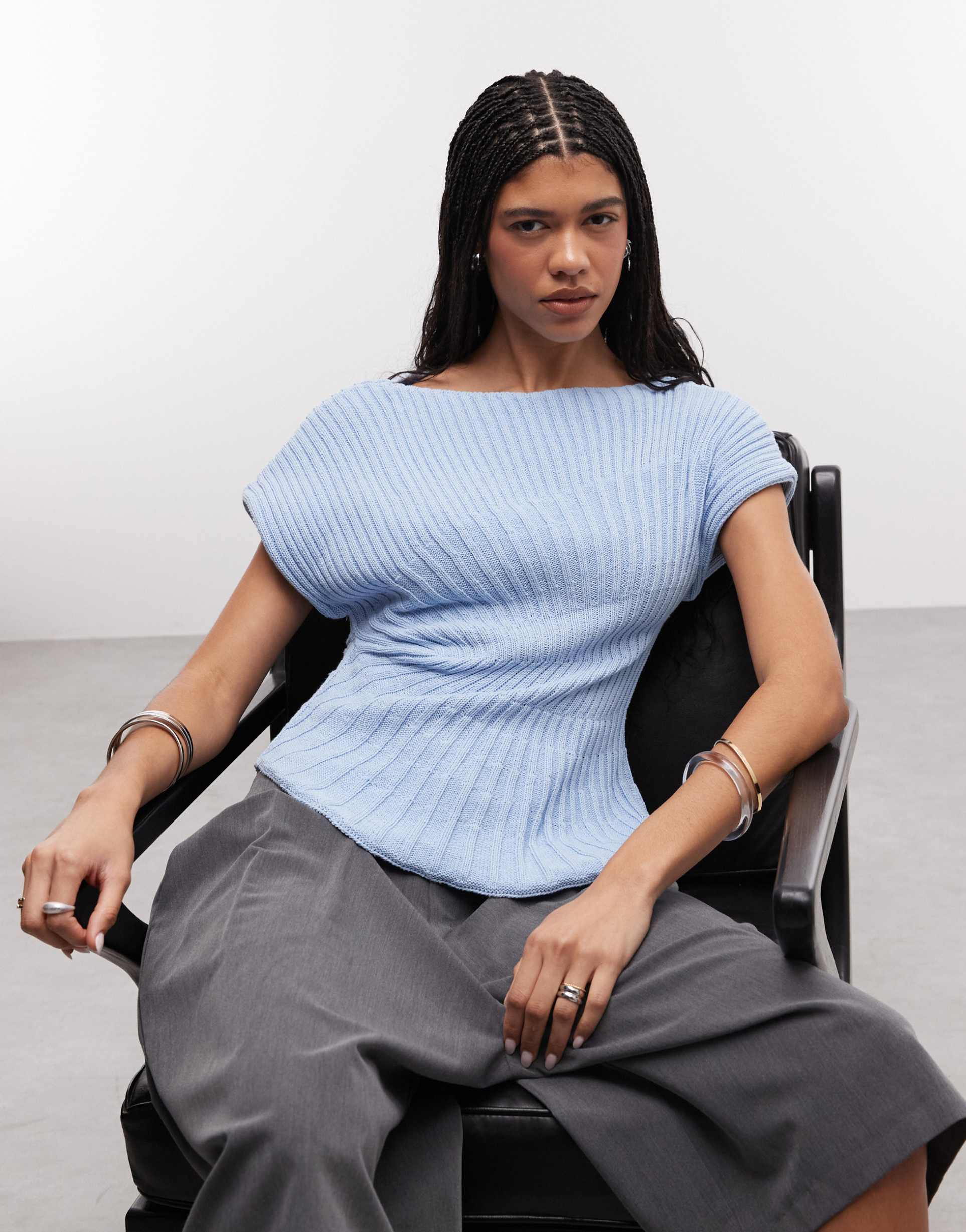 asos design knit cinched pleated top in dusty blue