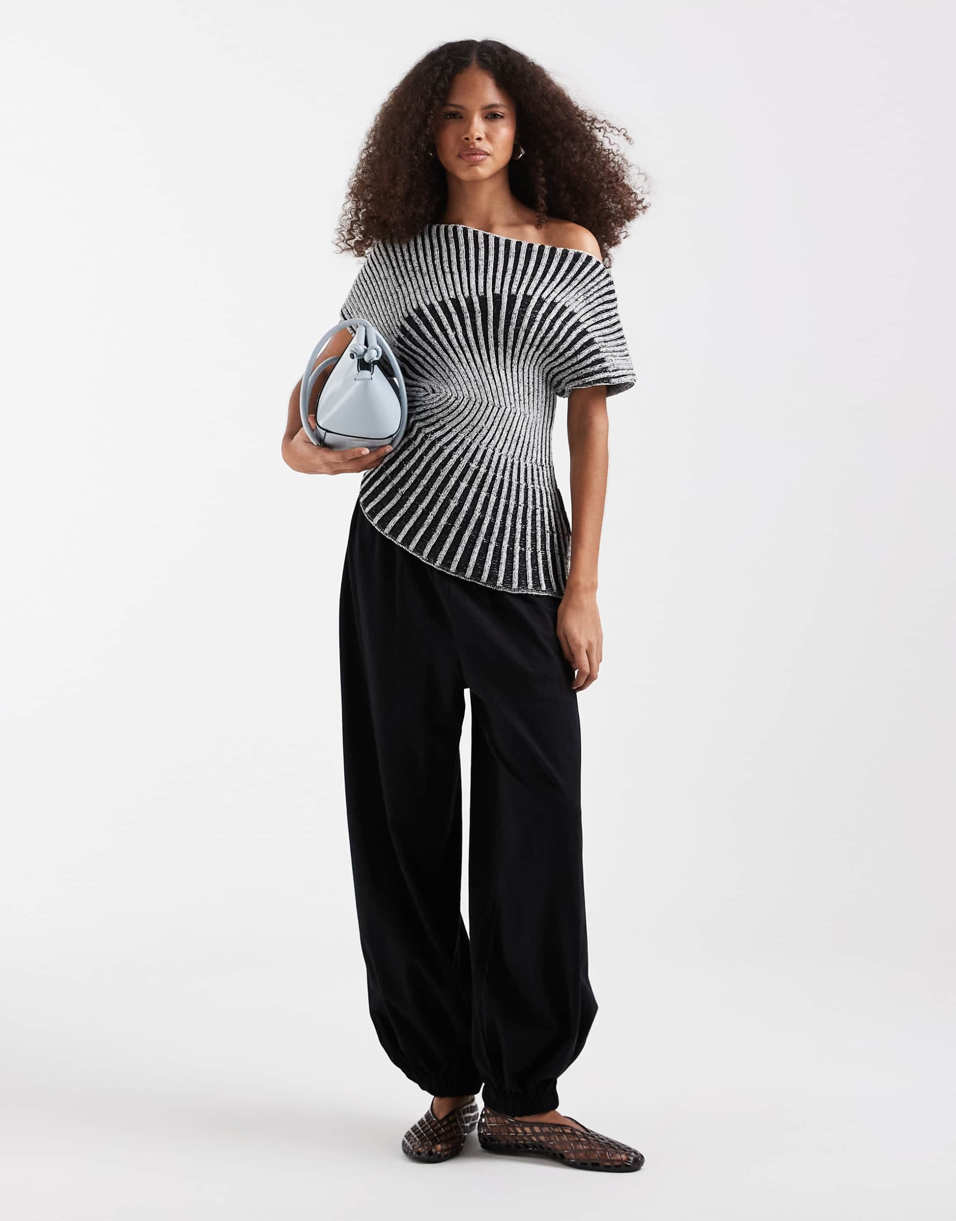 asos design knit cinched pleated top in mono stripe