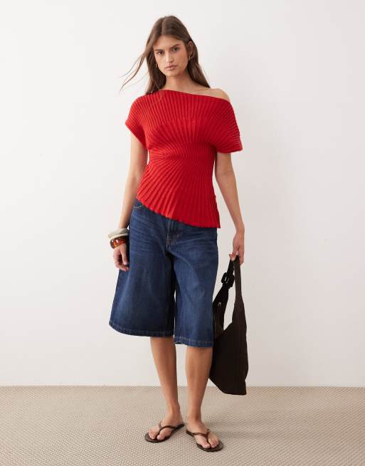 ASOS DESIGN knit cinched pleated top in red, 2 of 4