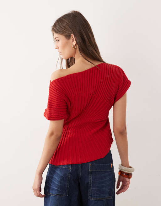 ASOS DESIGN knit cinched pleated top in red, 4 of 4