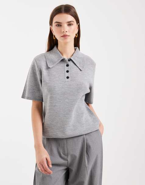 ASOS DESIGN knit cinched polo top in gray heather - view 1