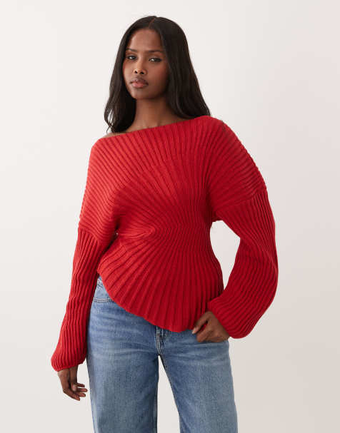 ASOS DESIGN knit cinched waist pleated sweater in red - view 1