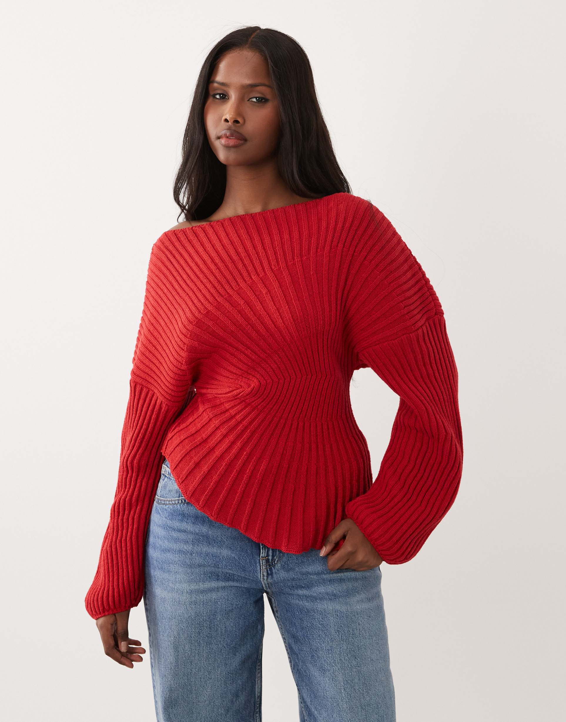 asos design knit cinched waist pleated sweater in red