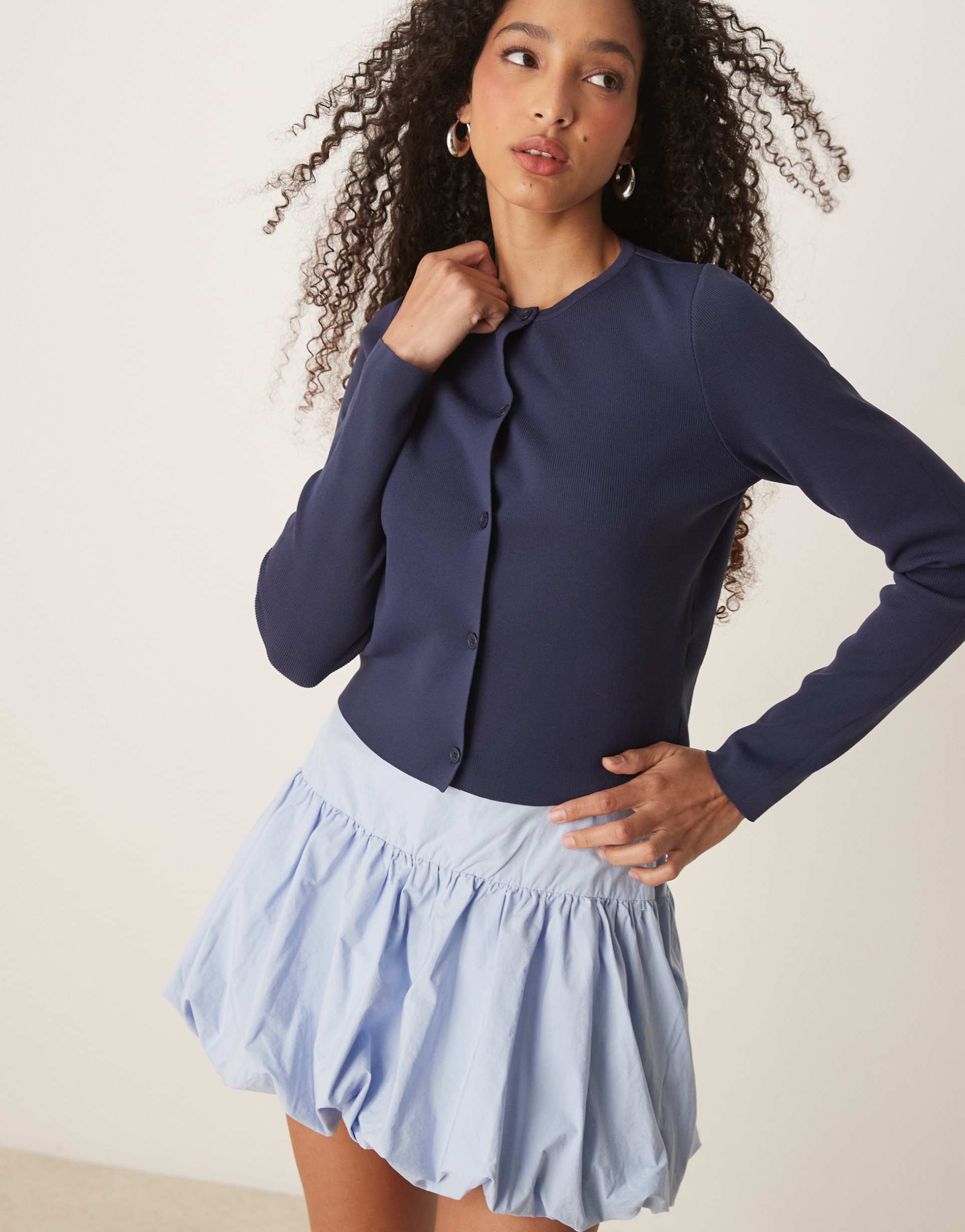 asos design knit clean compact button up crew neck cardigan in navy