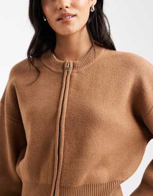 Asos Design Knit Clean Zip Through Sweater In Brown