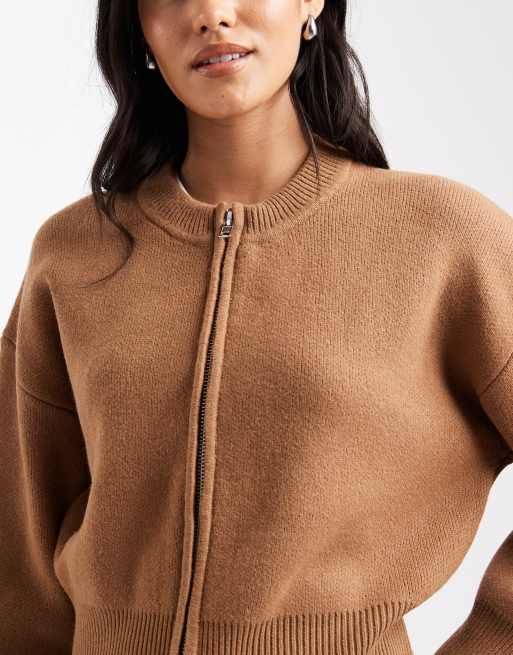 ASOS DESIGN knit clean zip through sweater in toffee