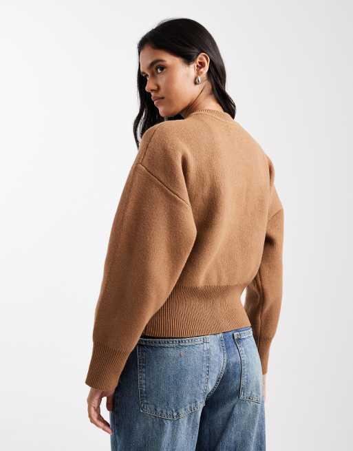 ASOS DESIGN knit clean zip through sweater in toffee