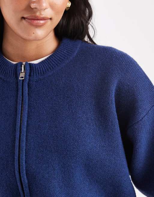 ASOS DESIGN knit clean zip up sweater in navy