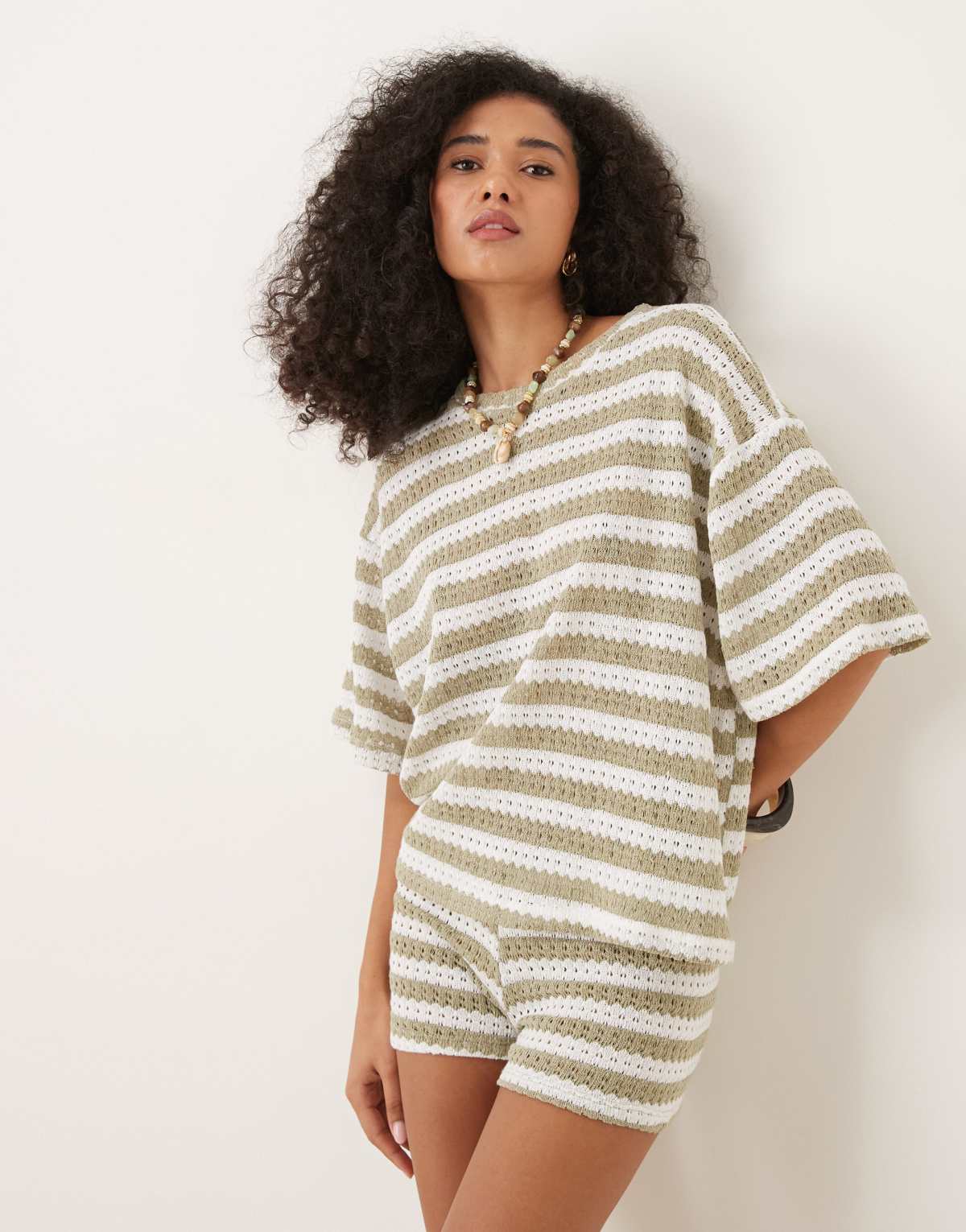 ASOS DESIGN knit co-ord oversized tee in olive and cream stripe