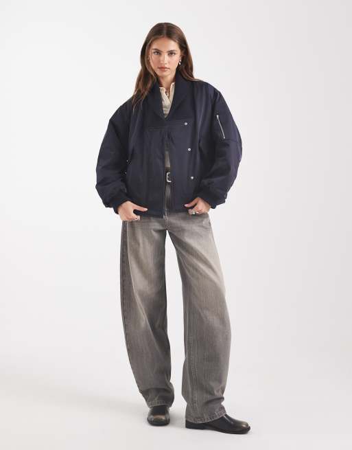 ASOS DESIGN knit collar bomber jacket in navy, 2 of 4